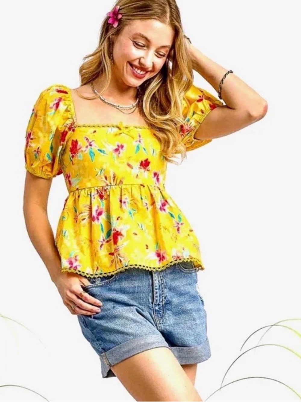 Umgee Anastasia Floral Babydoll Peplum Top Mango Yellow Size Small NWT